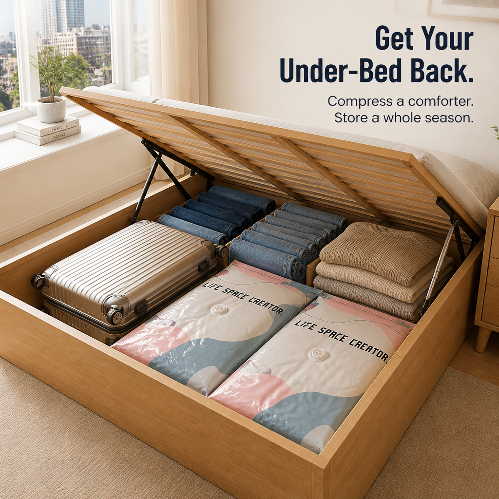 SwiftSpace™ — Compress Comforters, Coats & Bedding Down to One-Fifth Their Size, No Pump Needed