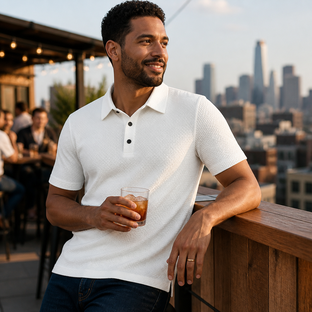 VentraBreeze™ – Breathable Textured Knit Polo Featuring Snap-Button Placket