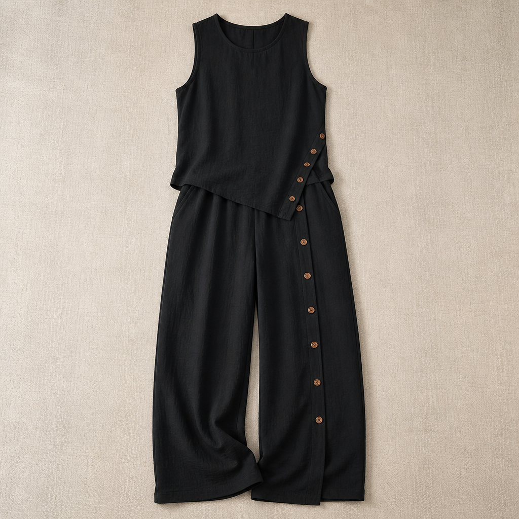 VivaLuxe™ – Breezy Wide-Leg Two-Piece Set with Asymmetric Button Detail
