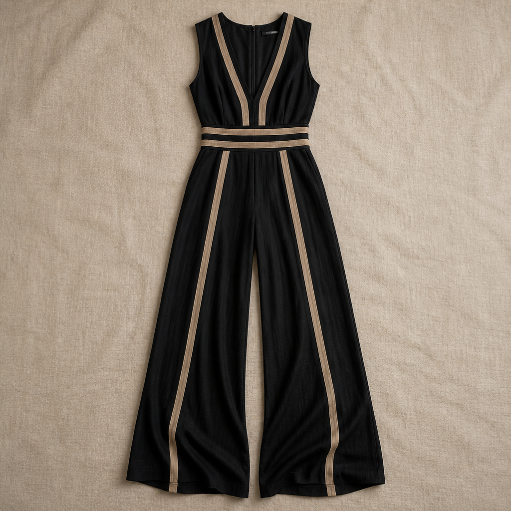 SilhouetteLuxe™ – Breathable Linen Wide-Leg Jumpsuit with Contrast Waistband
