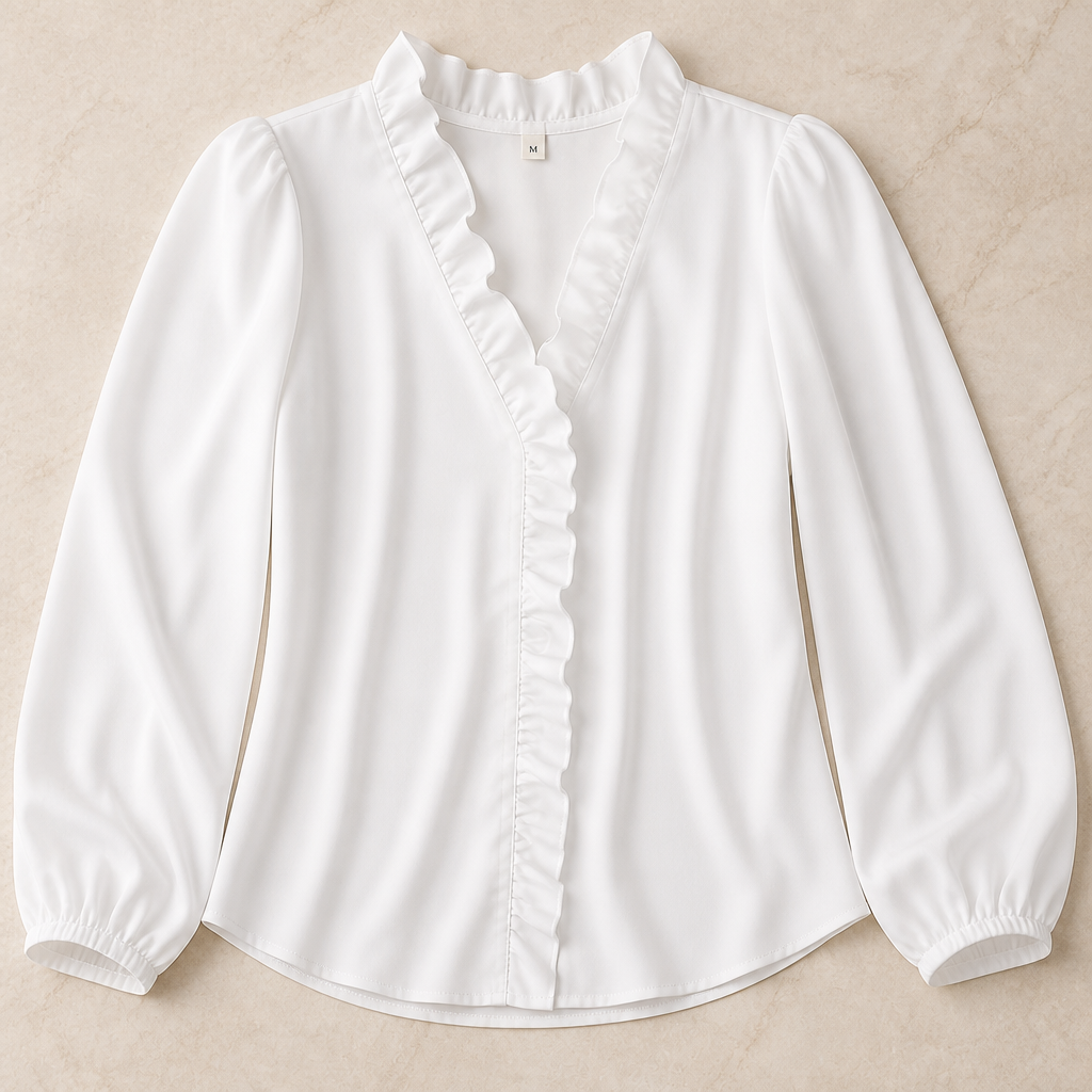 FlairMist™ – Romantic Ruffled V-Neck Top with Lantern Sleeves