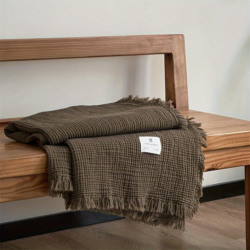 BreezyCotton – Luxurious 4-Layer Cotton Gauze Throw with Chic Fringe