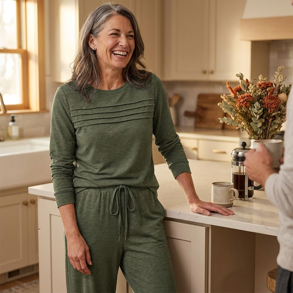 OptimaWear™ – Soft Pleated-Yoke Knit Two-Piece Lounge Set