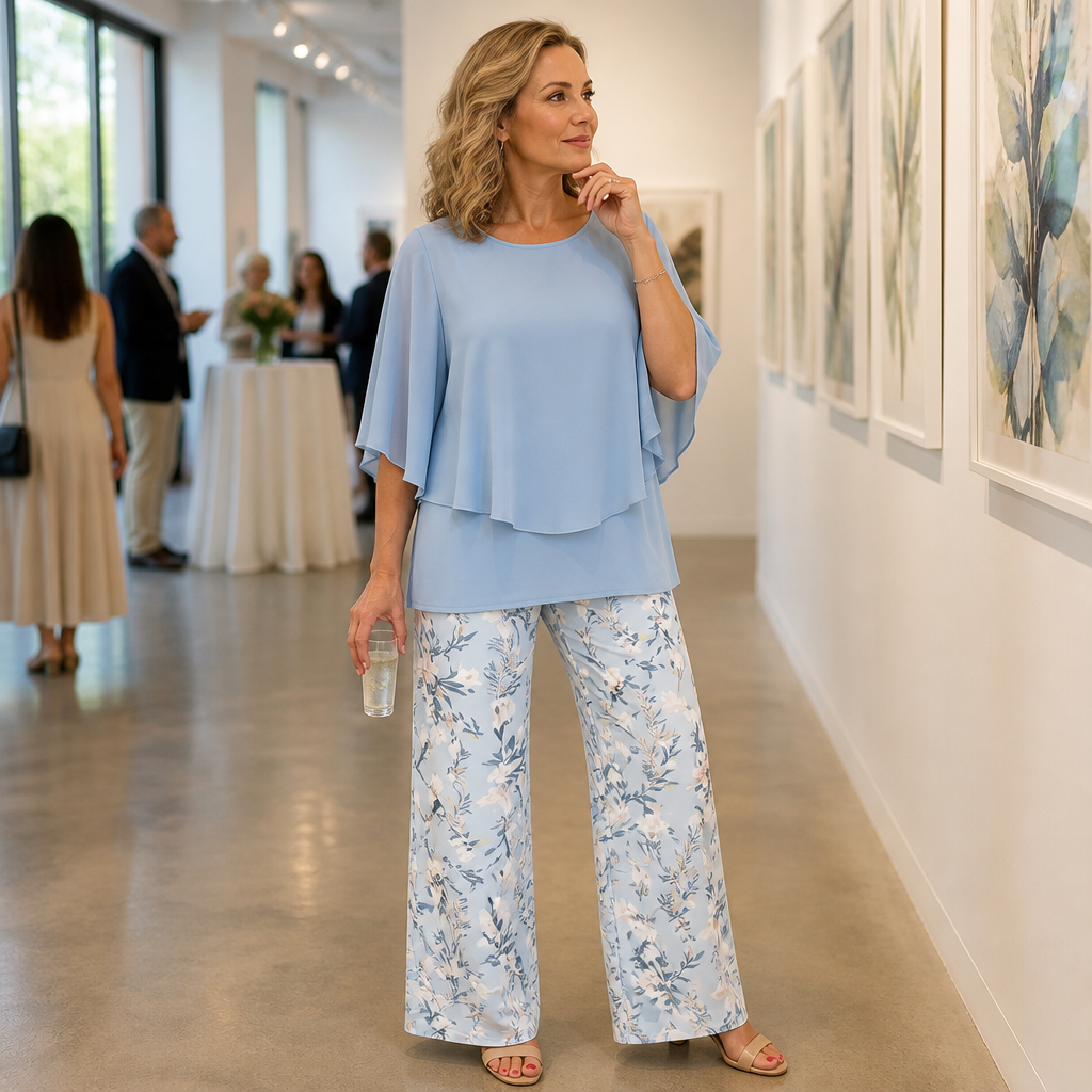 Flexara™ – Stylish Layered Chiffon Blouse with Wide-Leg Printed Pants Set