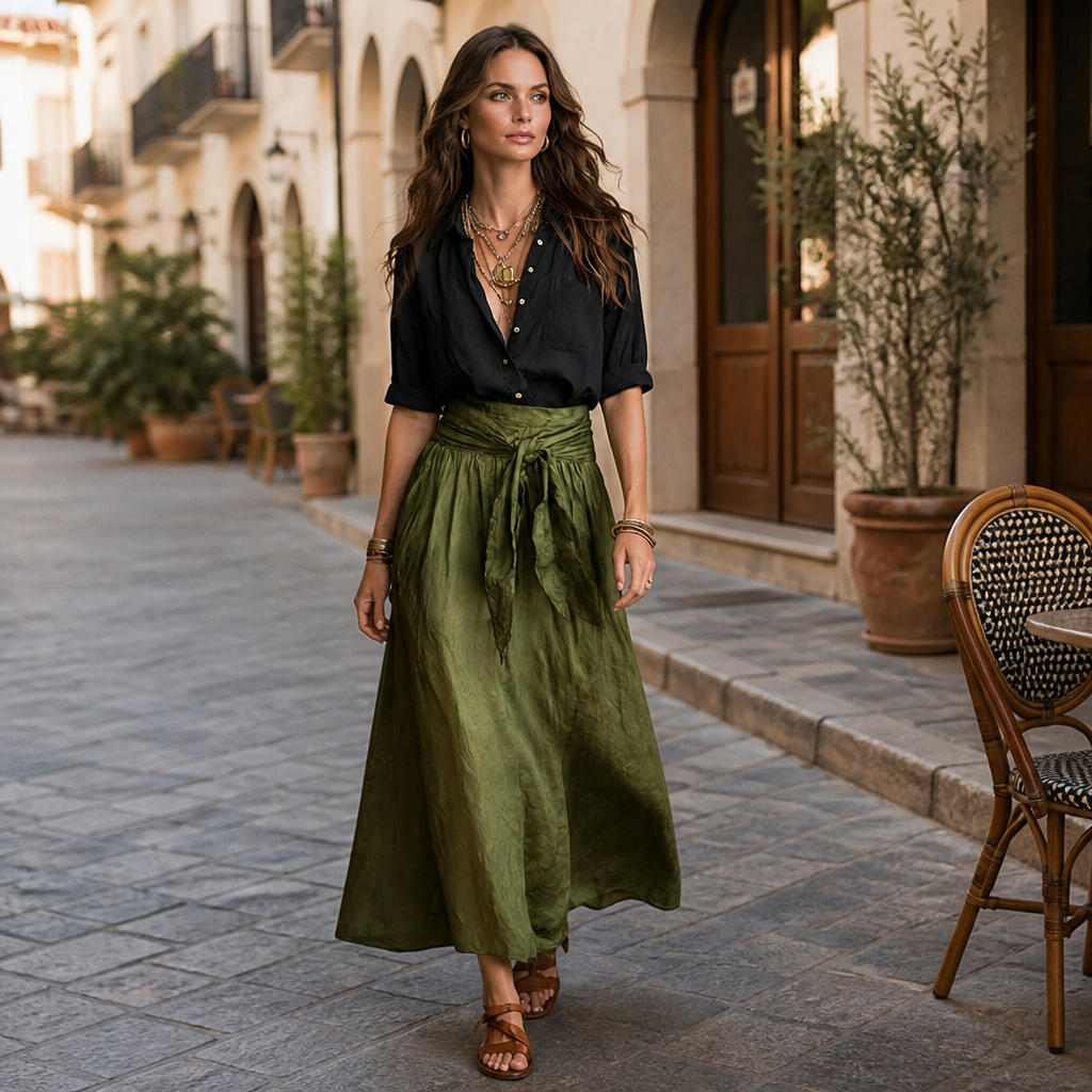 Veloura™ – Relaxed Linen Shirt & Tie-Waist Olive Midi Skirt Set