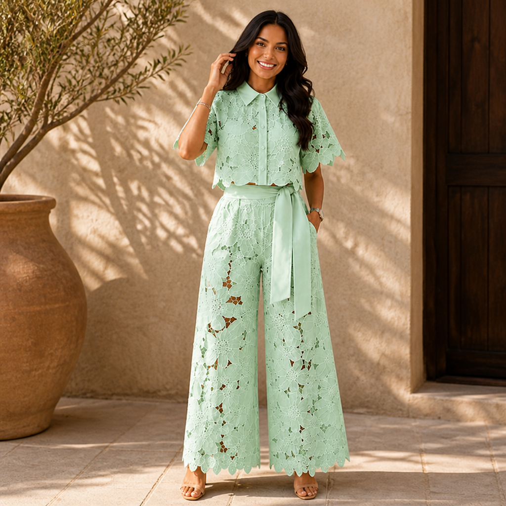 ArlenaBreeze™ – Elegant Floral Crochet Lace Set with Tie-Waist Wide-Leg Pants