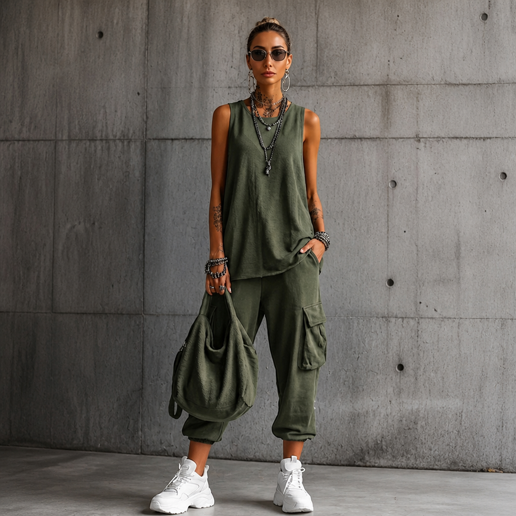 LuxeStride™ – Washed Cotton Tank and Cargo Jogger Set