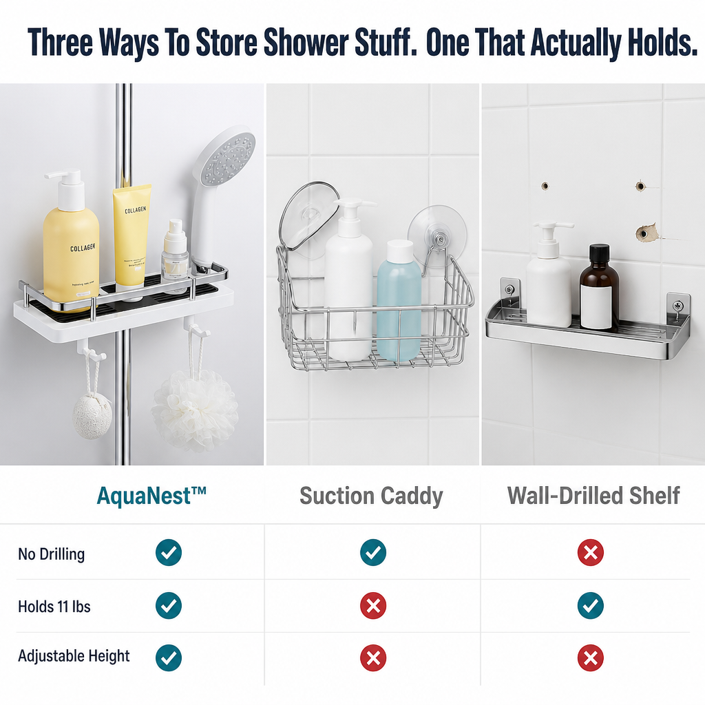AquaNest™ — Snap One Adjustable Tray onto Your Shower Pipe, No Drilling