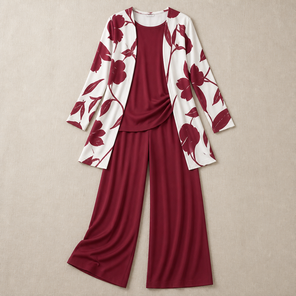 VelaLuxe™ – Elegant 3-Piece Set with Floral Cardigan & Wide-Leg Pants