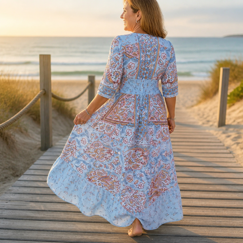 LumeraBelle™ – Breezy Boho Paisley Maxi Dress with Smocked Waist