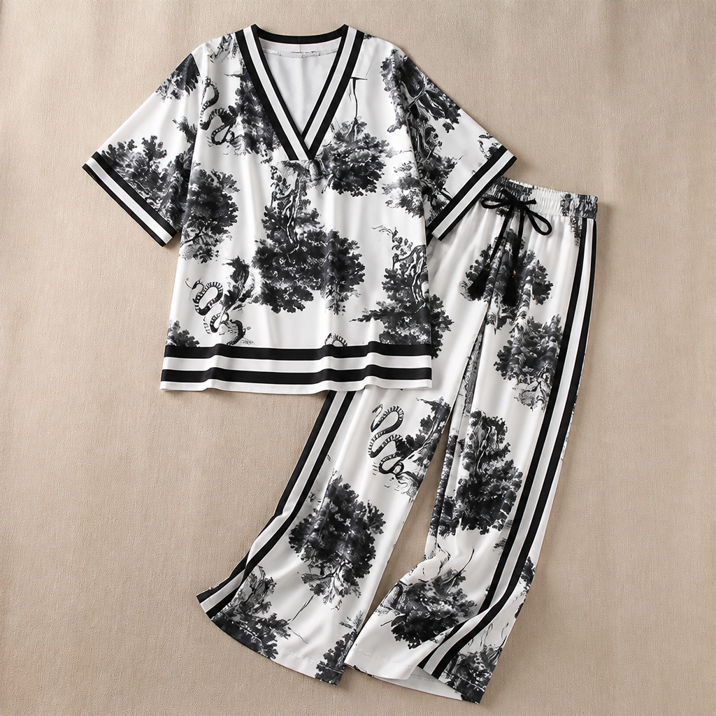 SereniSilk™ – Flowy Satin Floral V-Neck Top & Wide-Leg Pant Set