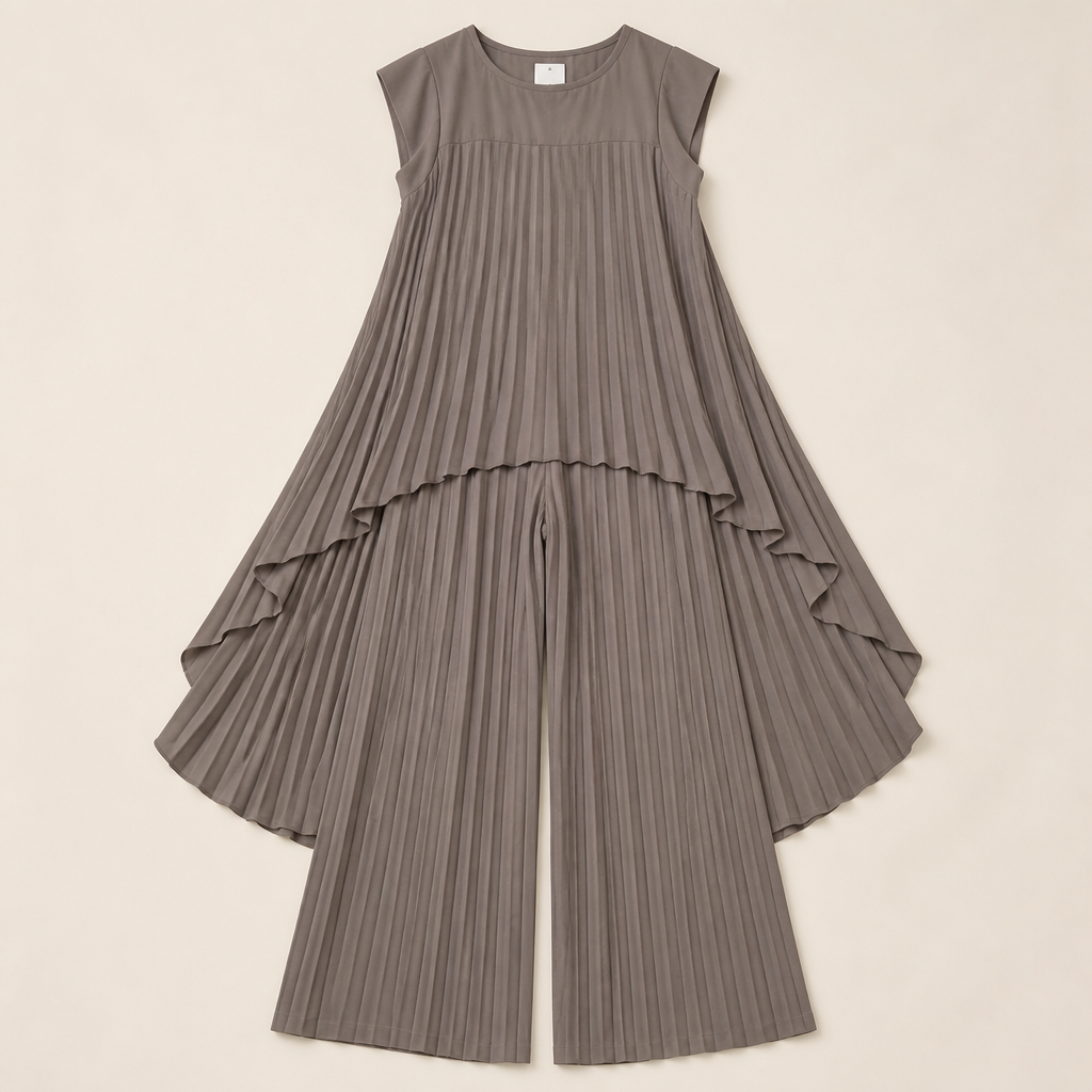 NovaLuma™ – Breezy Pleated Two-Piece Set Featuring Asymmetric Hem