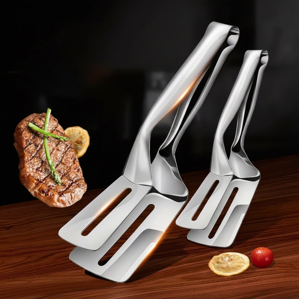 PrecisionPro – Versatile Stainless Steel Tongs with Spatula Functionality