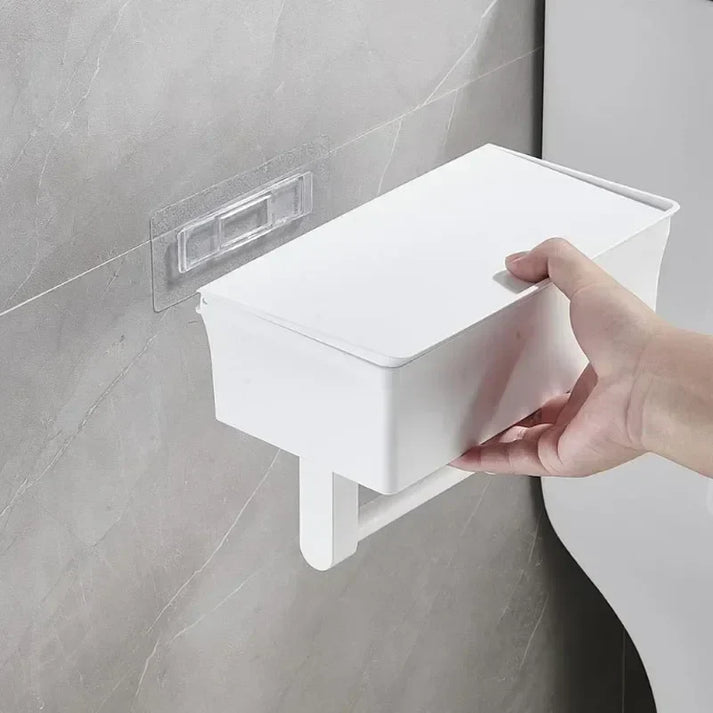 Toilet Roll Holder | Wall-Attached with Shelf | No-Drill Setup with Box | Rolluxe