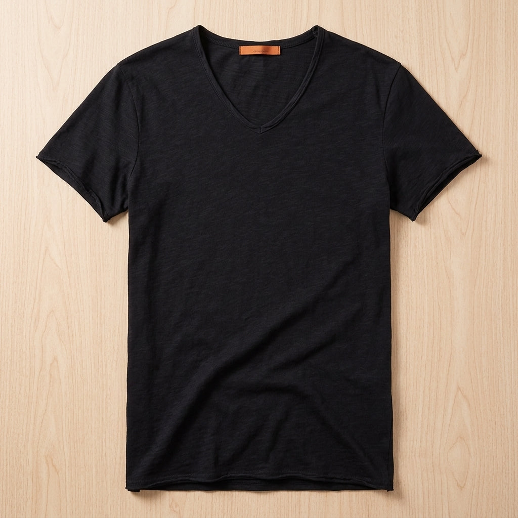 AeroLuxe™ – Lightweight Slub Cotton V-Neck Tee with Raw-Edge Trim