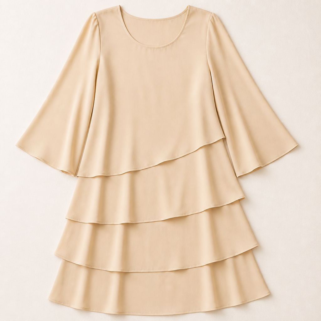 LumaBella™ – Sophisticated Layered Chiffon Dress with Flowing Bell Sleeves