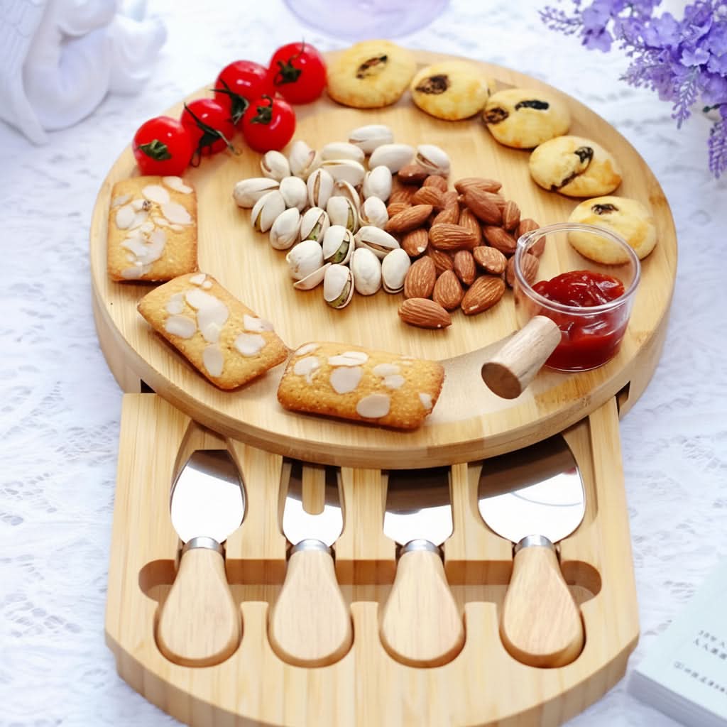 Bamboo Serving and Cheese Board Set with Drawer and Cutlery