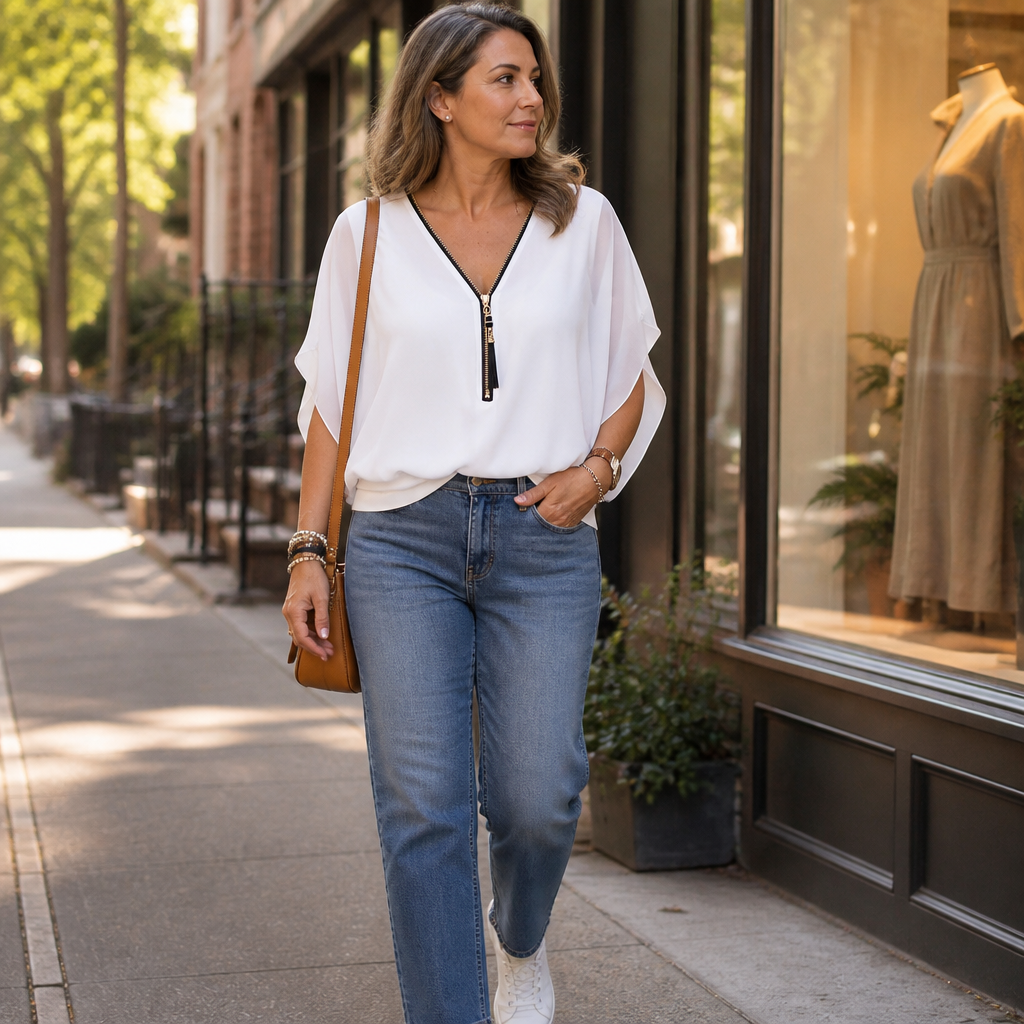 LuminaFlex™ – Airy Chiffon V-Neck Top with Zip Accent