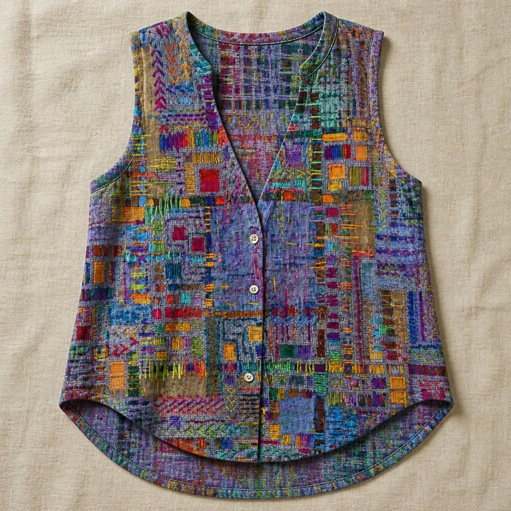 ViviaHue™ – Artistic Patchwork Buttoned Sleeveless V-Neck Blouse