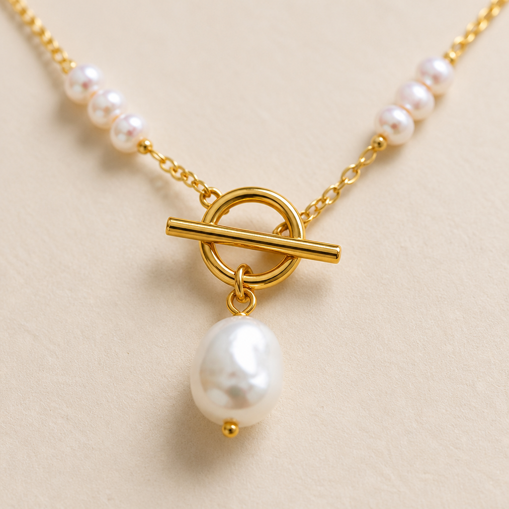 LuminaLuxe™ – Contemporary Pearl Toggle Necklace Featuring Baroque Drop