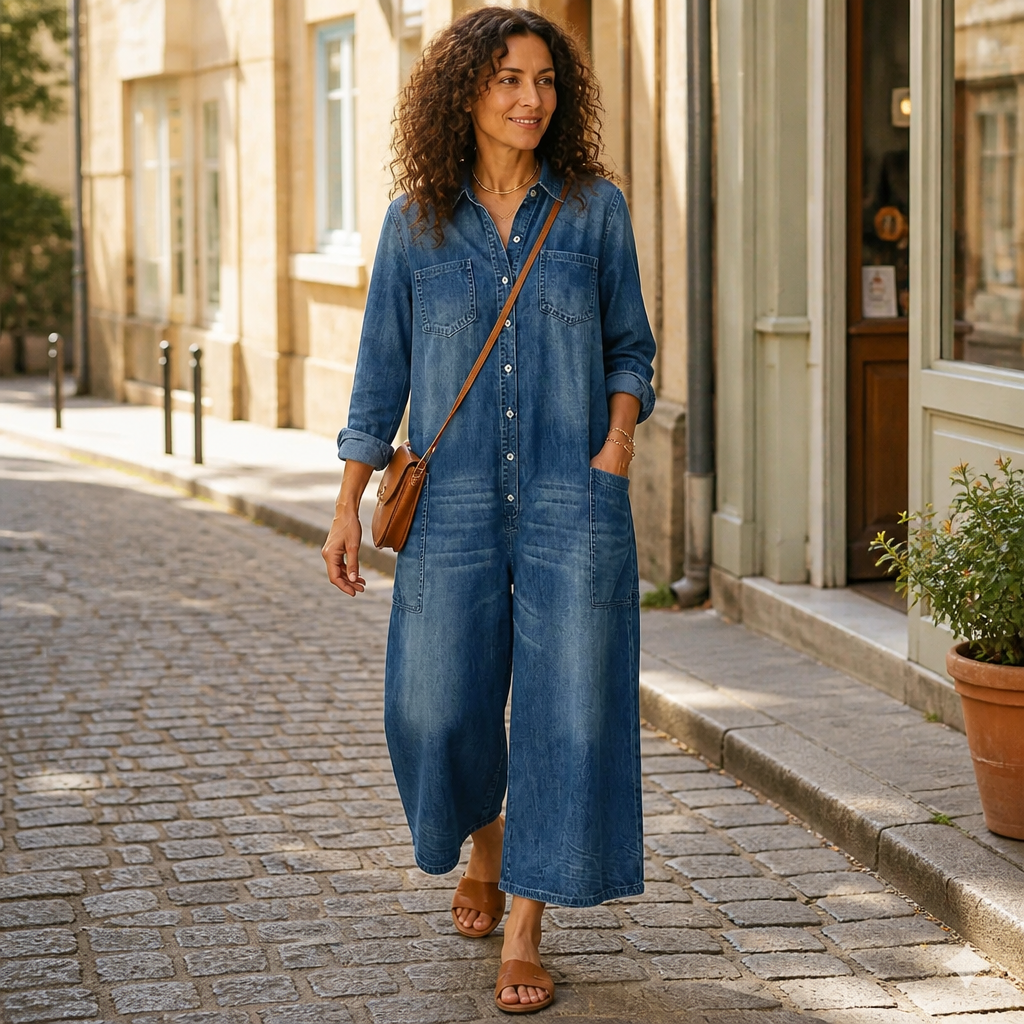 Flowease™ – Laid-Back Wide-Leg Denim Jumpsuit Featuring Button-Front Top