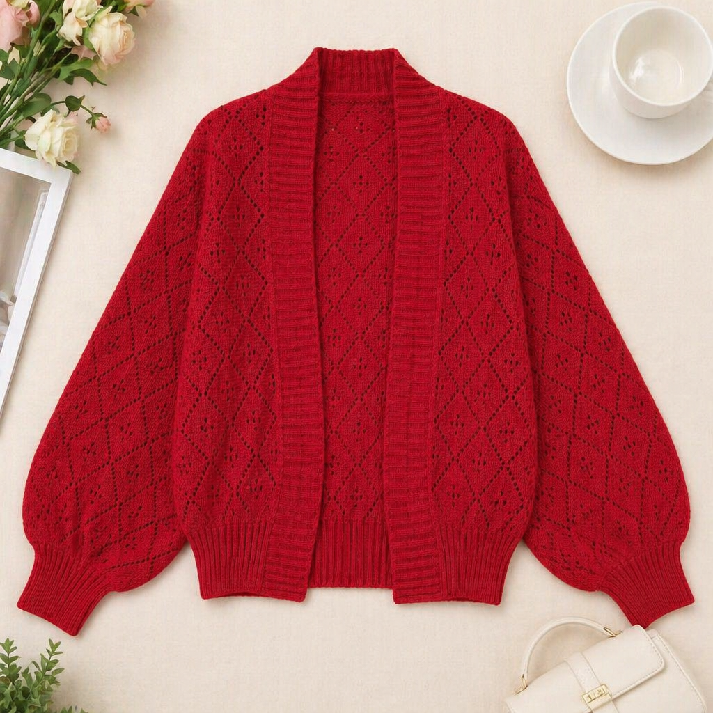 AerieLuxe™ – Hollow Knit Shawl Cardigan with Lantern Sleeves and Open Front
