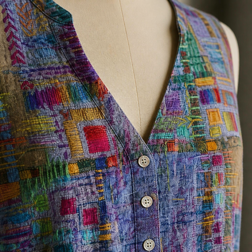 ViviaHue™ – Artistic Patchwork Buttoned Sleeveless V-Neck Blouse