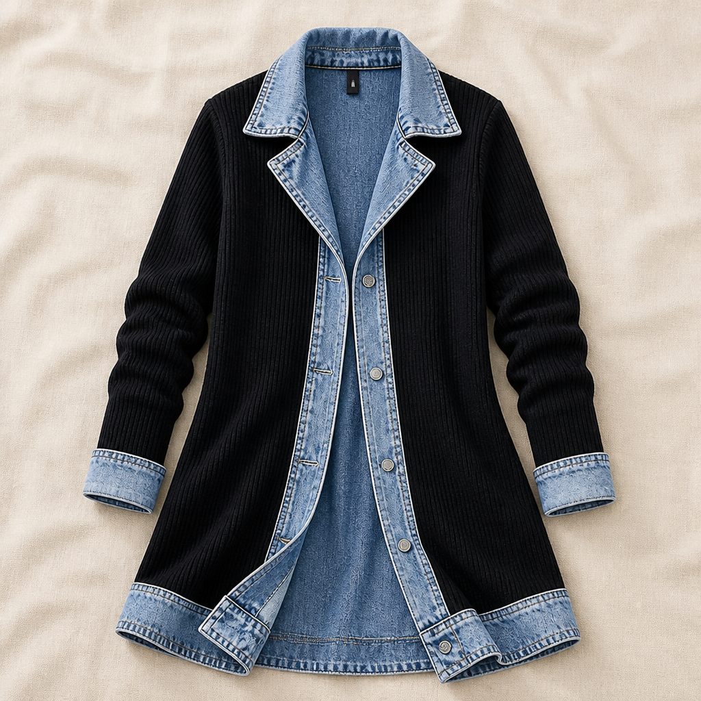 SolaceRidge™ – Soft Ribbed Knit Jacket with Contrast Denim Trim