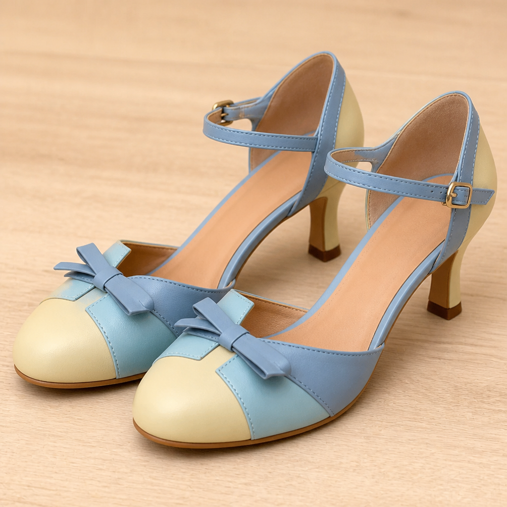 SolaceStride™ – Vintage Two-Tone Bow Heels with Adjustable Ankle Strap