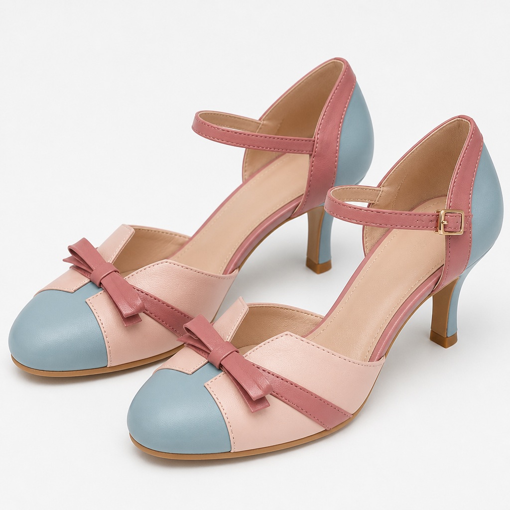 SolaceStride™ – Vintage Two-Tone Bow Heels with Adjustable Ankle Strap