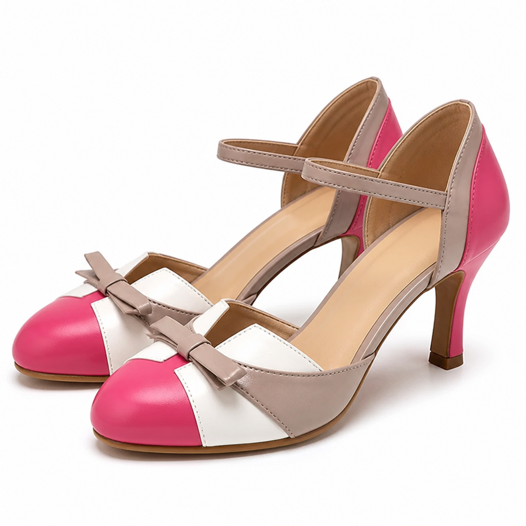 SolaceStride™ – Vintage Two-Tone Bow Heels with Adjustable Ankle Strap