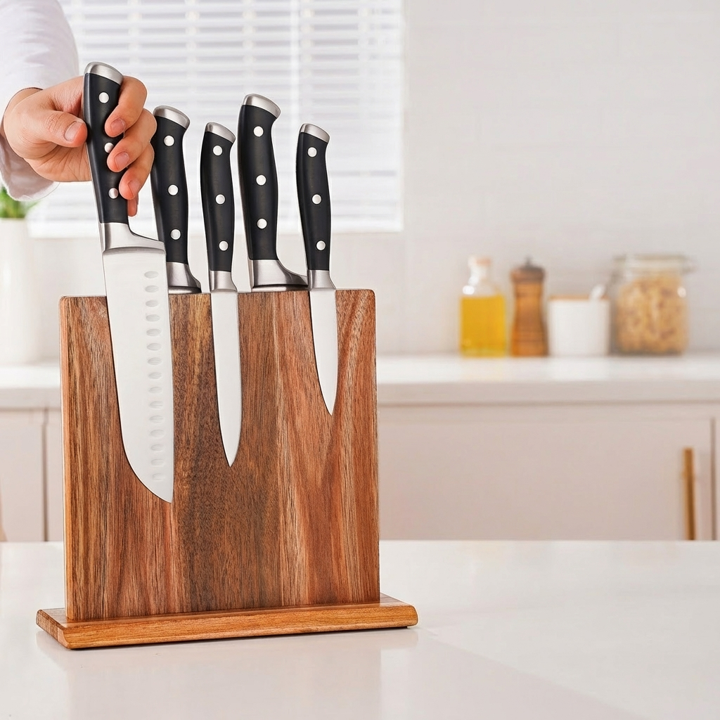 Elegant Magnetic Knife Storage Stand in Acacia Wood