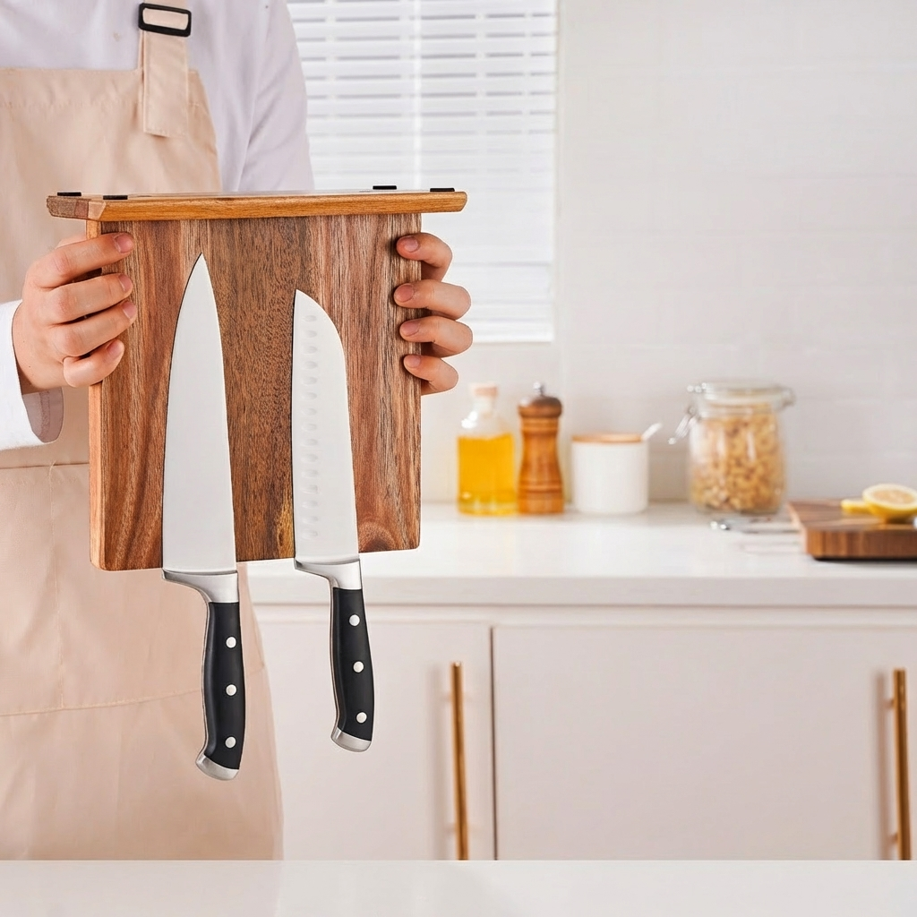 Elegant Magnetic Knife Storage Stand in Acacia Wood