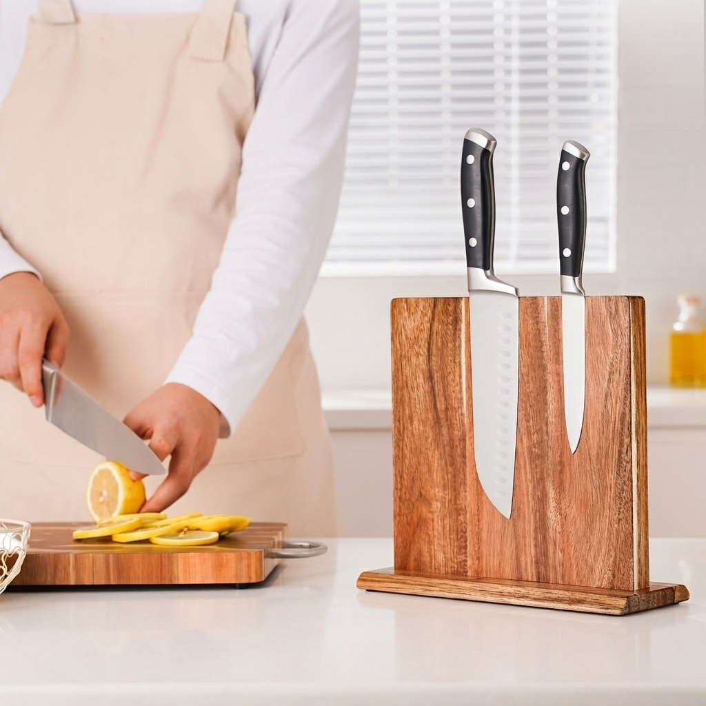 Elegant Magnetic Knife Storage Stand in Acacia Wood