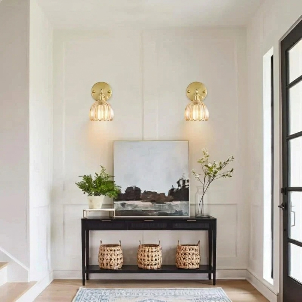 Elegant Brass and Glass Wall Light Fixture with Dimming Option