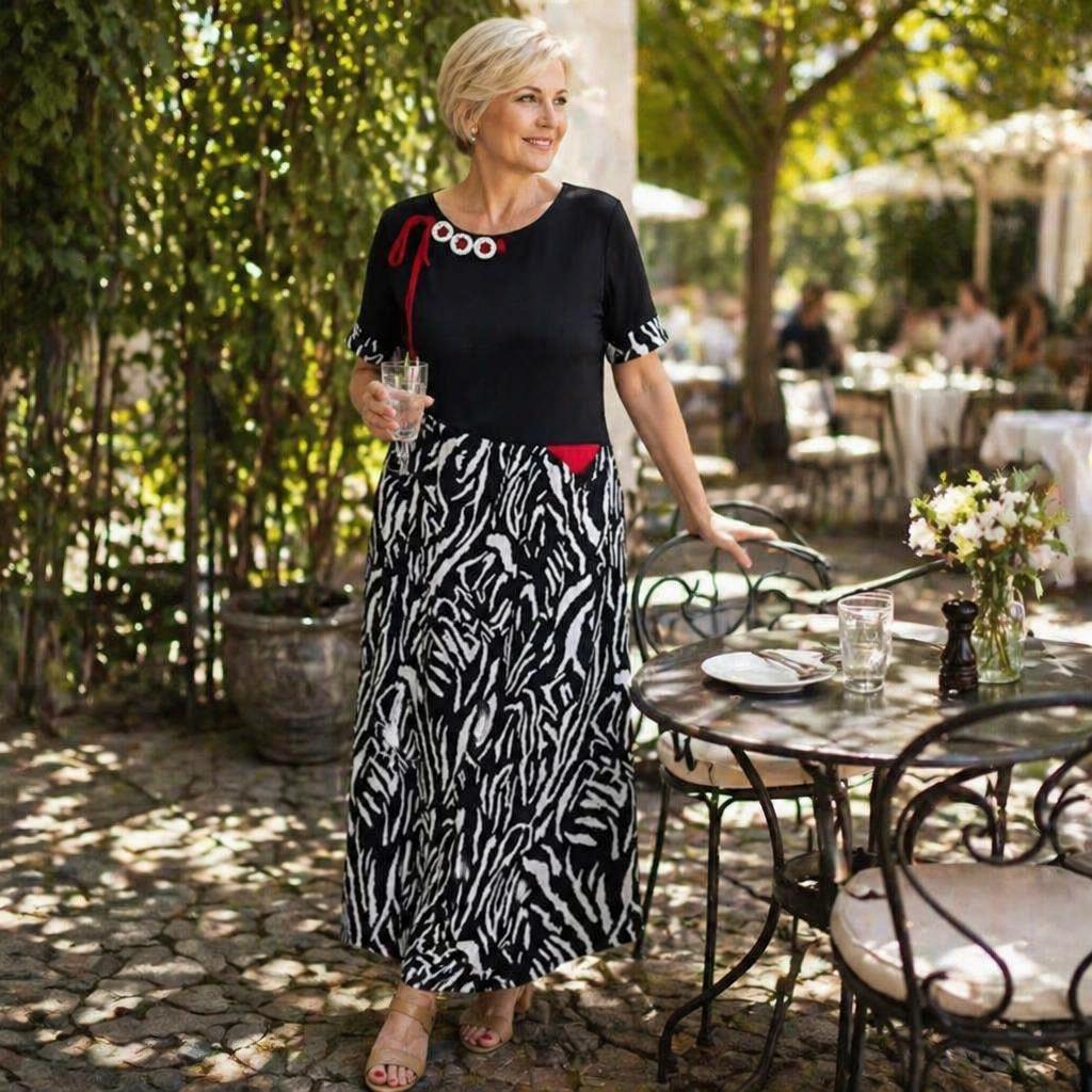 VeraNite™ – Striking Zebra Patchwork Maxi Dress Featuring Red Accent Detail