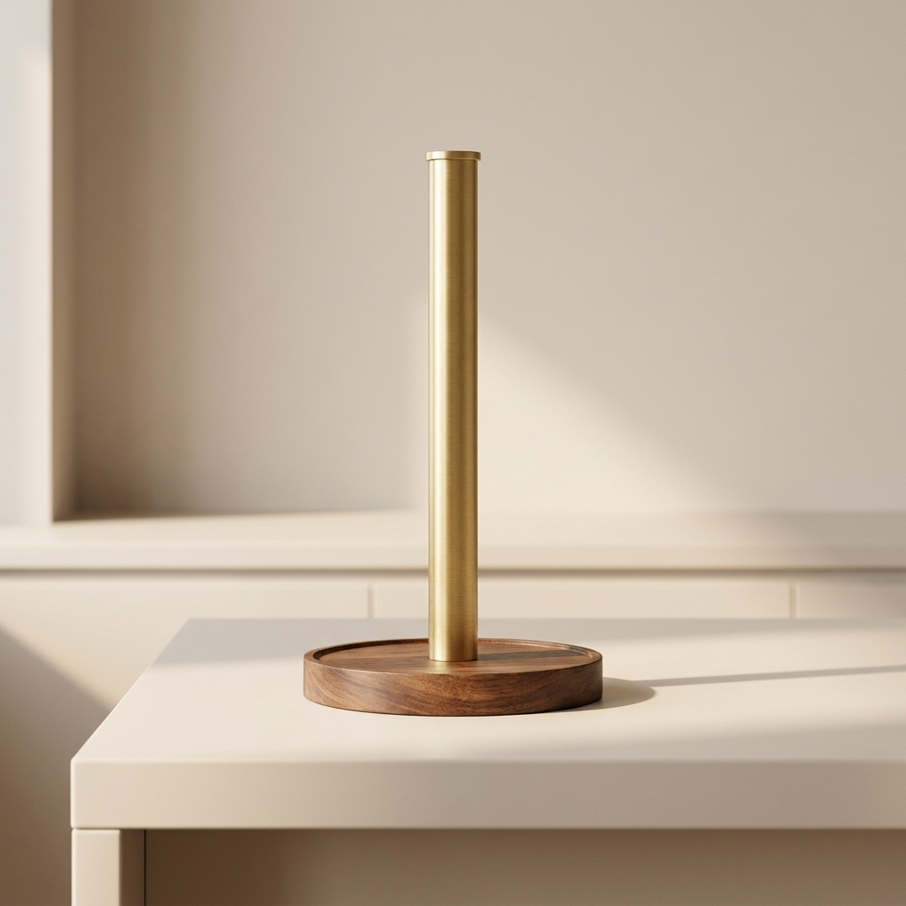 Elegant Paper Towel Stand with Walnut Base and Steel Rod