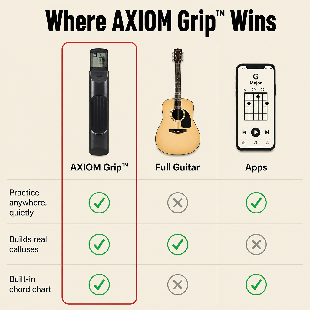 AXIOM Grip™ — Build Real Chord Muscle Memory Anywhere, Dead Silent