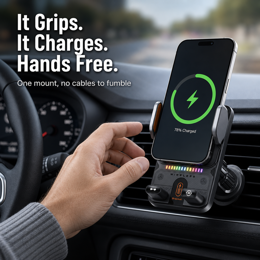 GripCharge™ — Auto-Clamp Your Phone and Charge It Wirelessly at 15W While You Drive