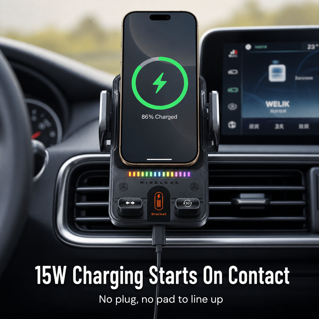 GripCharge™ — Auto-Clamp Your Phone and Charge It Wirelessly at 15W While You Drive