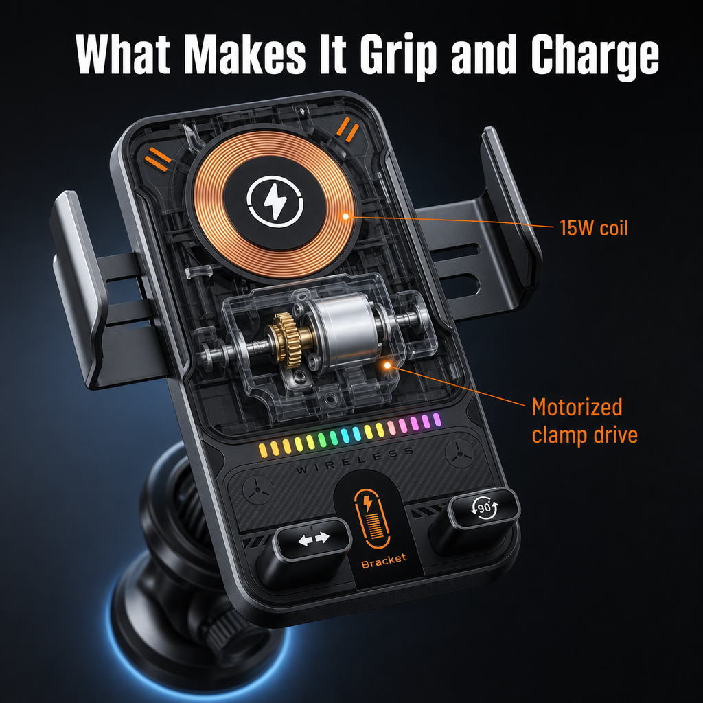 GripCharge™ — Auto-Clamp Your Phone and Charge It Wirelessly at 15W While You Drive