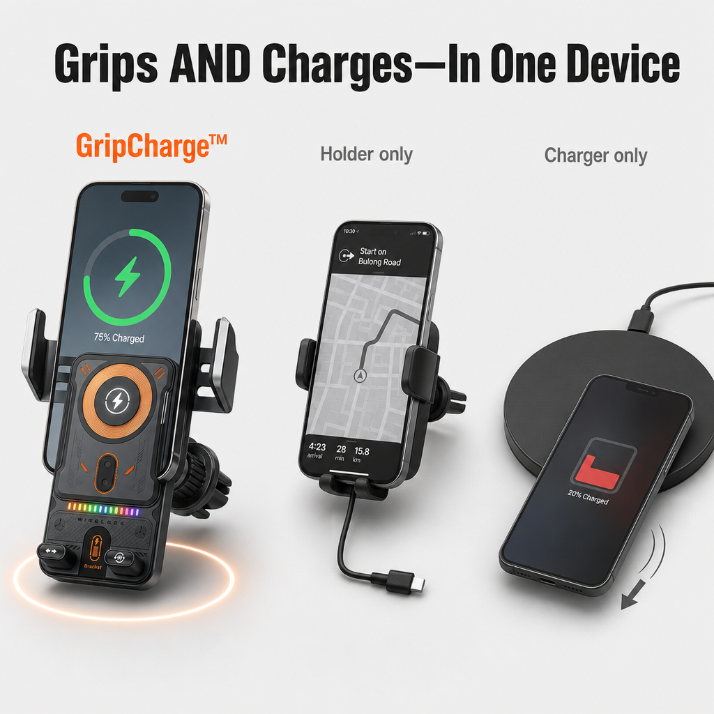 GripCharge™ — Auto-Clamp Your Phone and Charge It Wirelessly at 15W While You Drive
