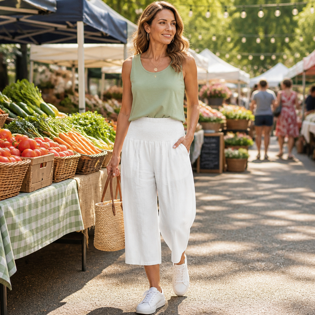 FlexAura™ – Breezy Wide-Leg Cropped Pants with Smocked High Waist