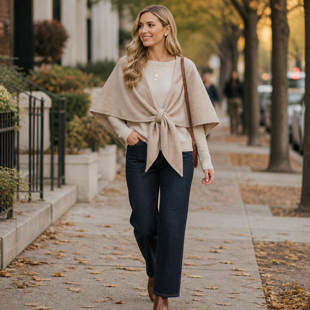 LuxeAura™ – Soft Knit Tie-Front Wrap Shawl for Evenings