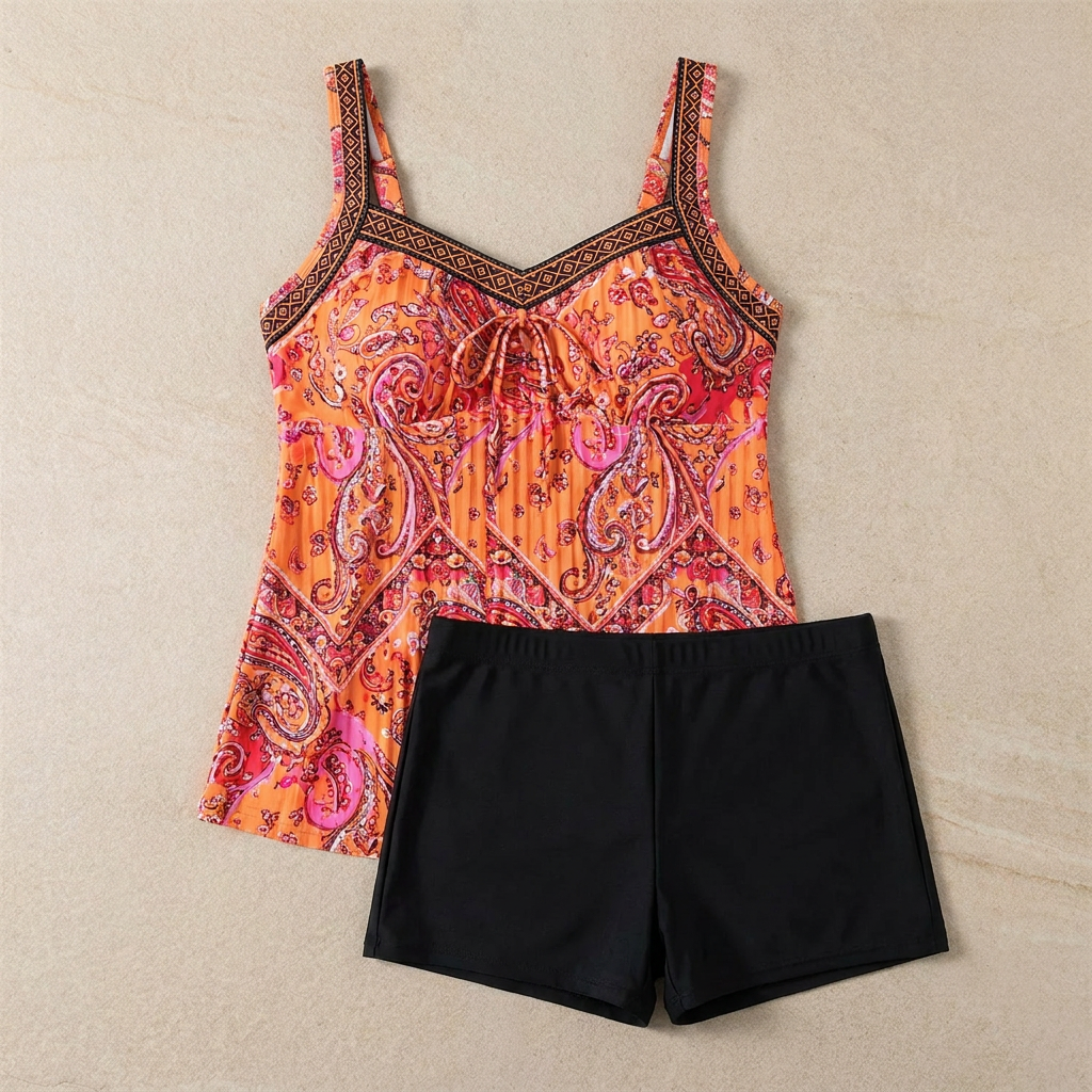 Solaira™ – Flowy Tie-Front Tankini Set with Boyshort Bottoms
