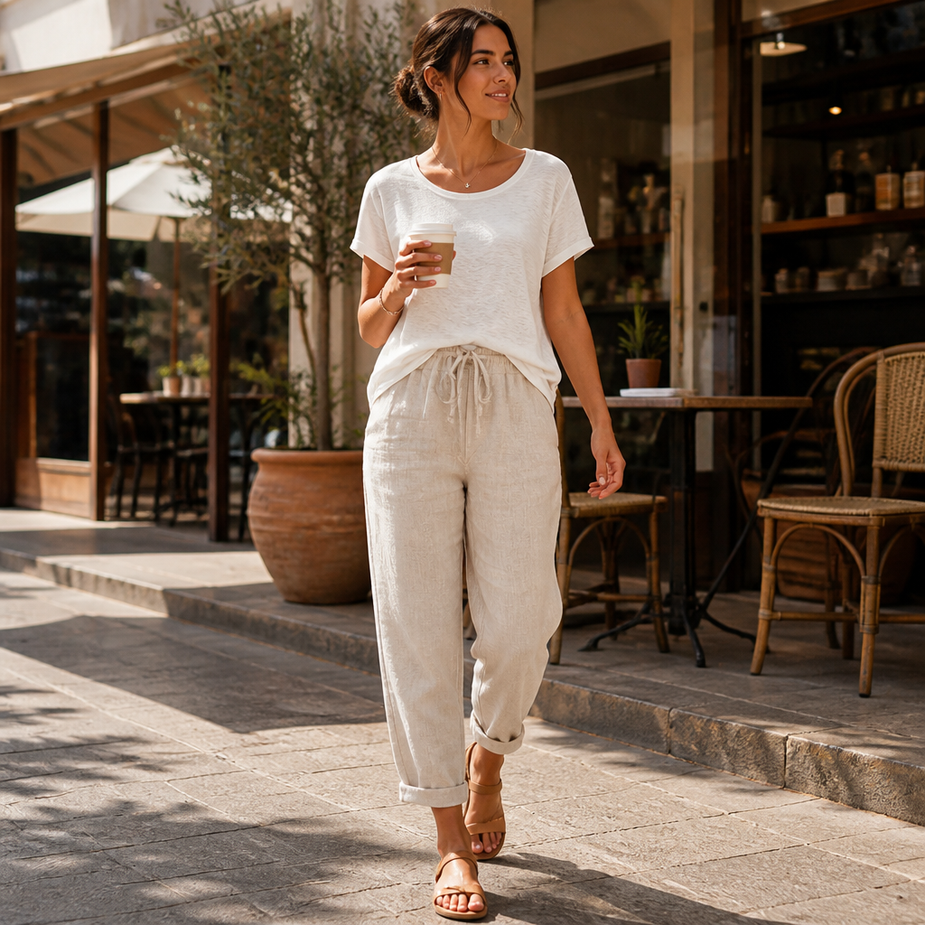 BreezeLoom™ – Relaxed Cotton-Linen Tapered Pants with Drawstring Waist