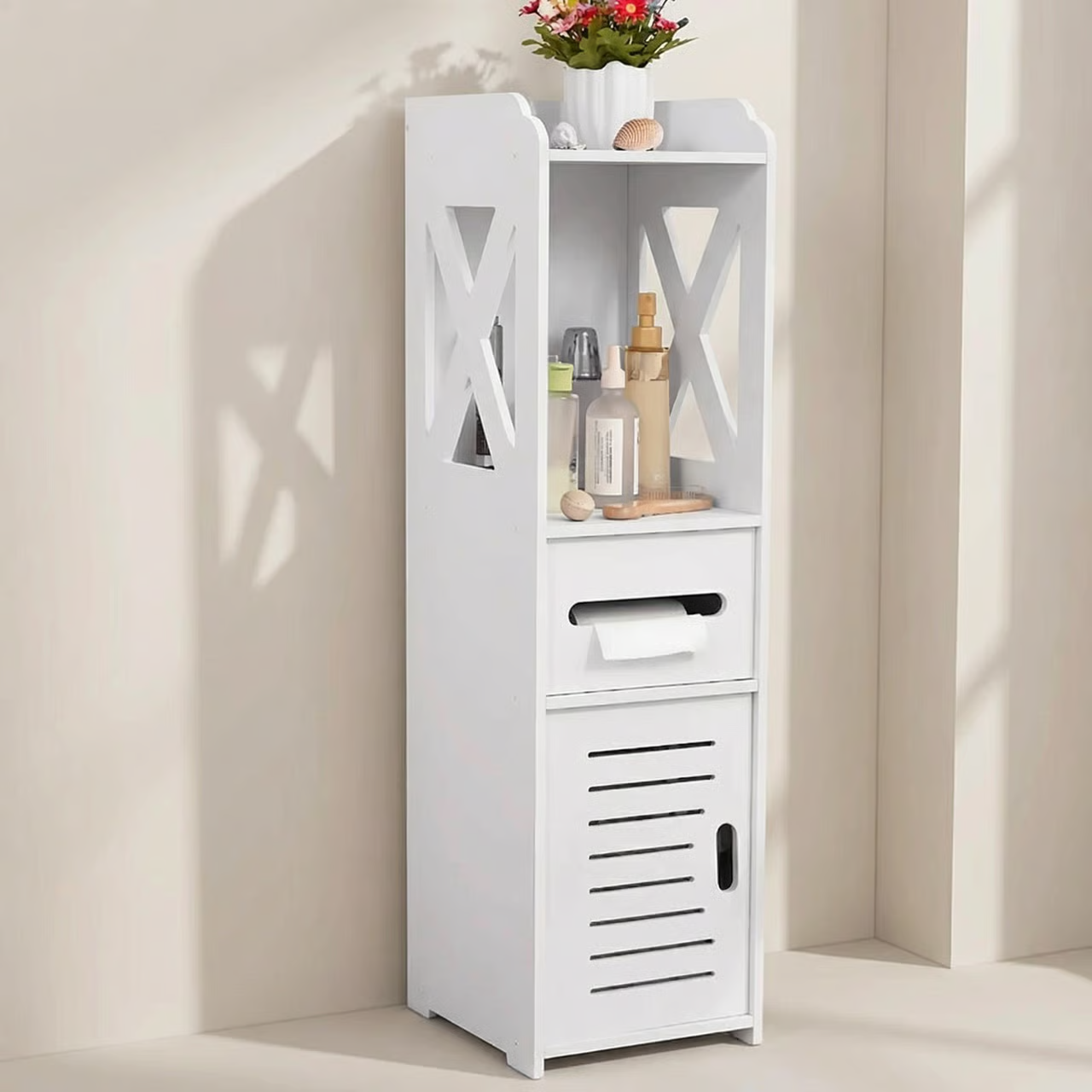 Compact White Wood Bathroom Organizer for Efficient Storage