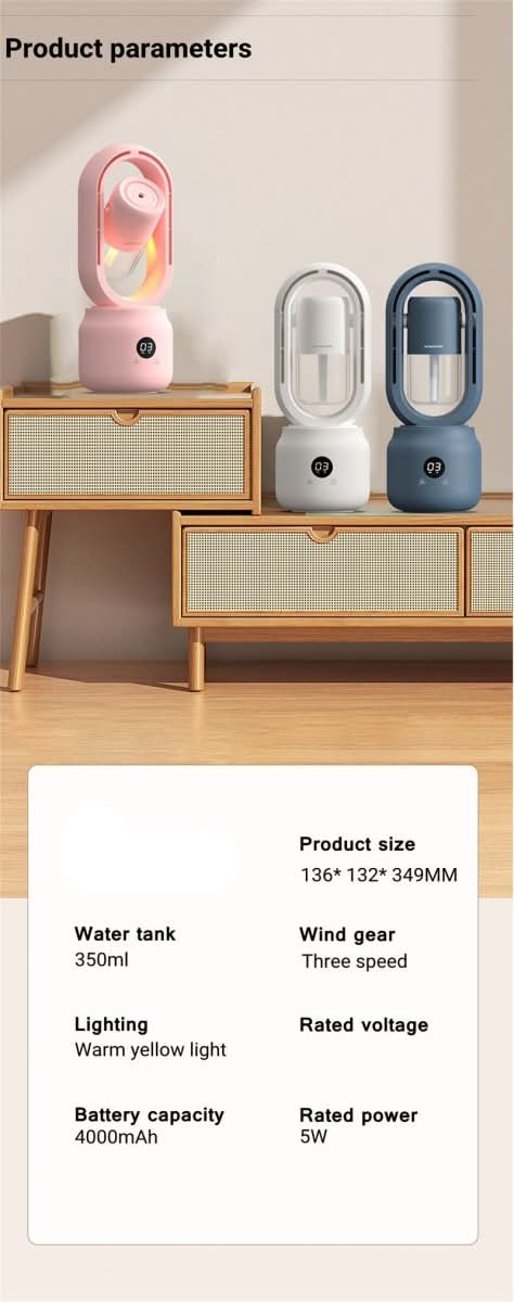Compact Bladeless Fan with Humidifier & Gentle Night Light