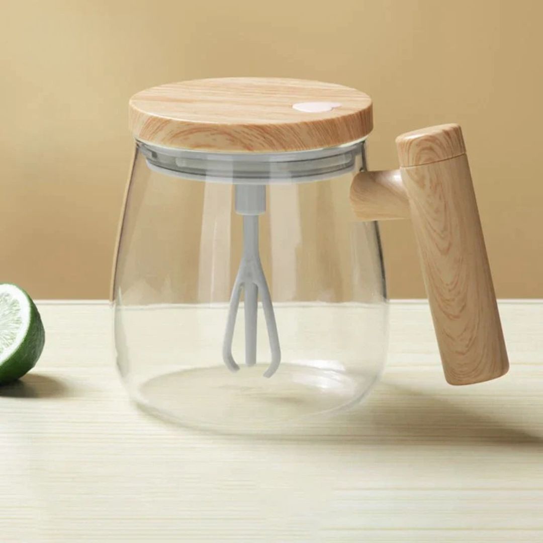 Self-Stirring Coffee and Tea Mug with Wooden Handle
