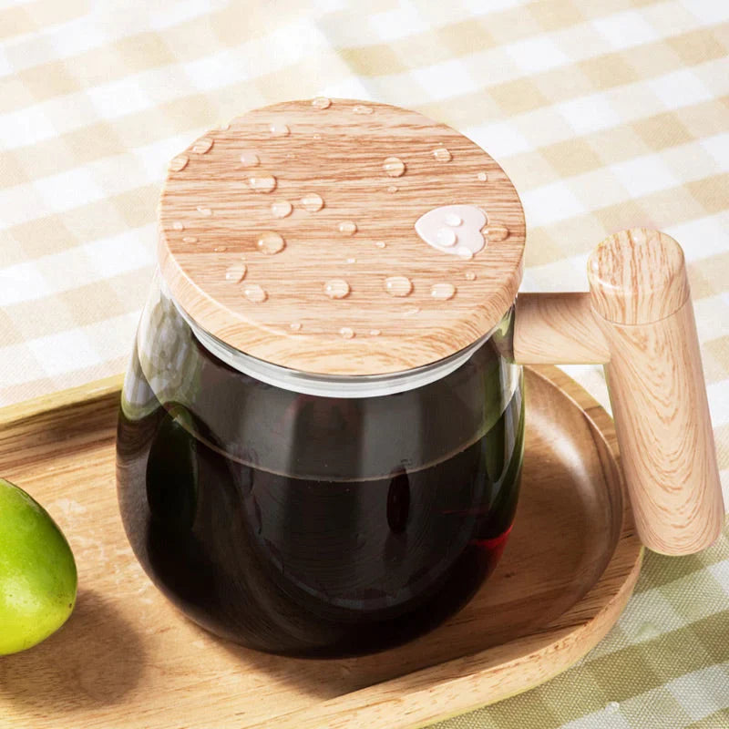 Self-Stirring Coffee and Tea Mug with Wooden Handle